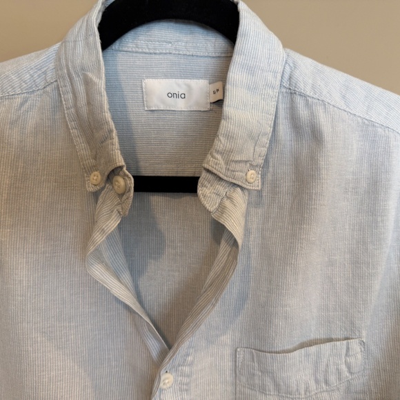 Onia Jack Linen Blend Blue Pinstripe Button Down Short Sleeve Shirt Size Small S - Picture 3 of 8